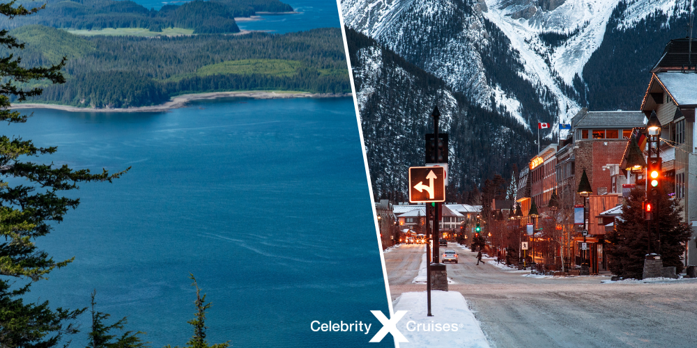 Se krydstogter i Alaska og Canada med fly og hotel Kystlandskab i Alaska med skov og hav samt snedækkede bjerge i Canada på krydstogt med Celebrity Solstice