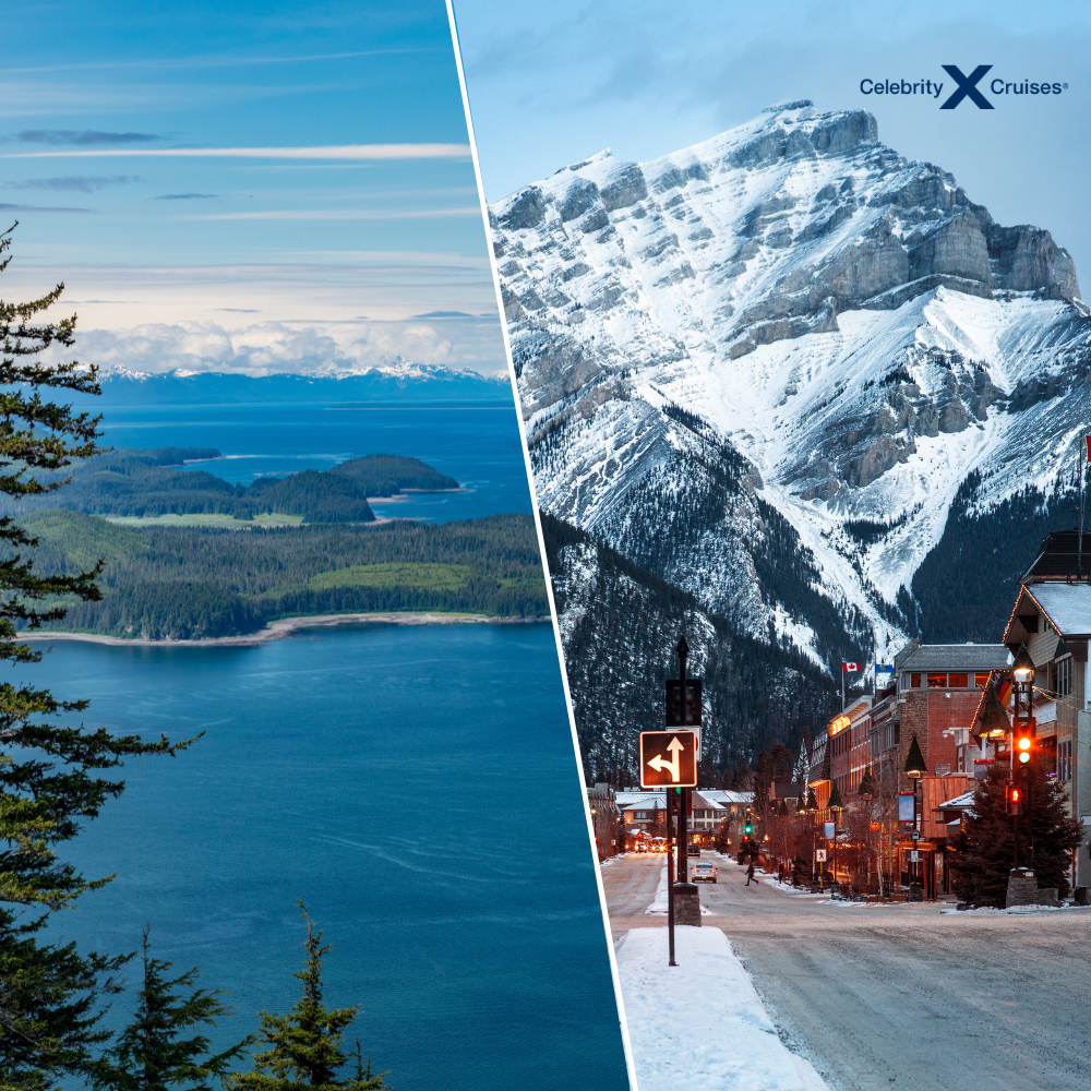 Se krydstogter i Alaska og Canada med fly og hotel Kystlandskab i Alaska med skov og hav samt snedækkede bjerge i Canada på krydstogt med Celebrity Solstice
