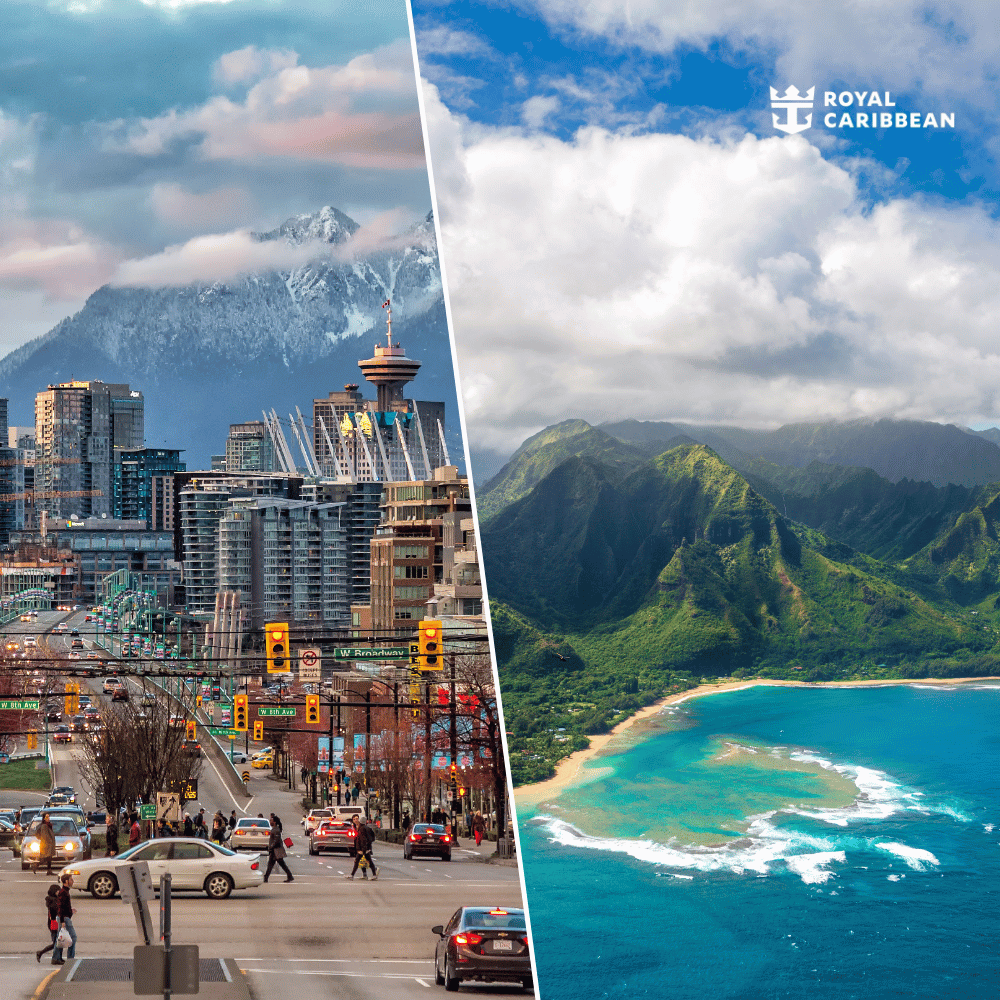 Se krydstogter i Alaska og Canada med fly og hotel Kystlandskab i Alaska med skov og hav samt snedækkede bjerge i Canada på krydstogt med Celebrity Solstice