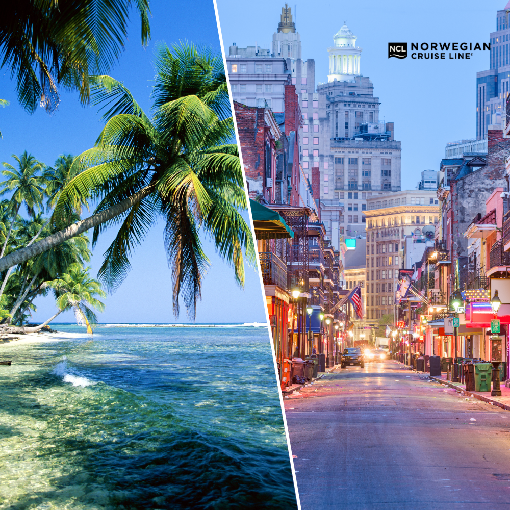 Se krydstogt fra Caribien til New Orleans med Norwegian Palmestrand i Caribien og farverige gader i New Orleans på krydstogt med Norwegian Cruise Line